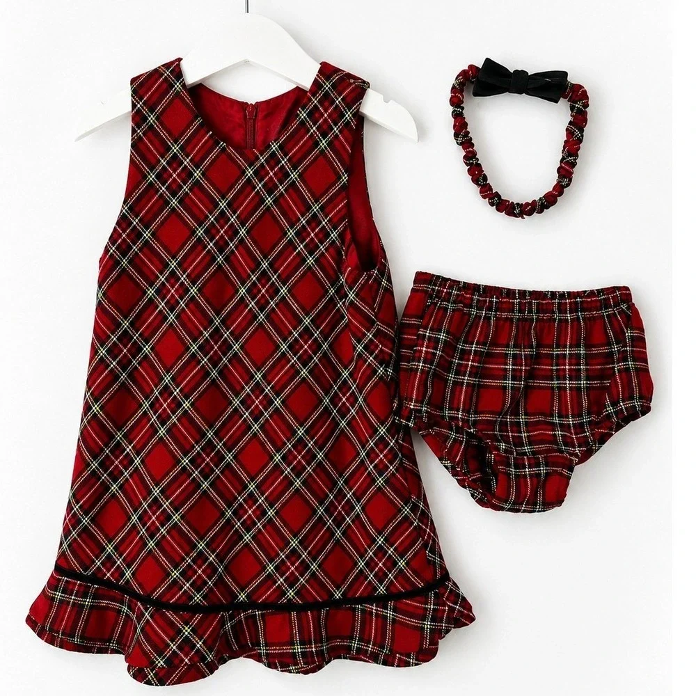 Childrens Place Christmas Dress Set Toddler 3T Red Plaid Excellent 3pc Outfit